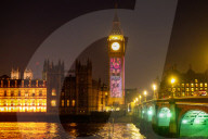 Big Ben Coronation projections at The Palace of Westminster, London, UK.