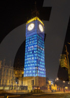 Big Ben Coronation projections at The Palace of Westminster, London, UK.