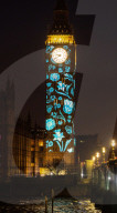 Big Ben Coronation projections at The Palace of Westminster, London, UK.