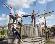 Melbourne acrobats launch The Brighton Fringe 2023 at an event in Hove, East Sussex, UK.