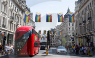 100 Intersex-Inclusive Pride flags designed by Valentino Vecchietti installed above Regent Street, London, UK.