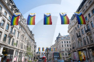 100 Intersex-Inclusive Pride flags designed by Valentino Vecchietti installed above Regent Street, London, UK.