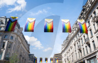 100 Intersex-Inclusive Pride flags designed by Valentino Vecchietti installed above Regent Street, London, UK.