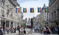 100 Intersex-Inclusive Pride flags designed by Valentino Vecchietti installed above Regent Street, London, UK.