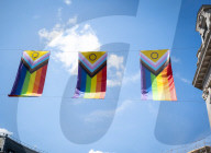 100 Intersex-Inclusive Pride flags designed by Valentino Vecchietti installed above Regent Street, London, UK.