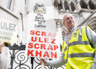 Stop ULEZ Coalition - a cross party campaign coalition formed to stop ULEZ outside The Royal Courts of Justice, London, UK.
