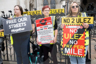 Stop ULEZ Coalition - a cross party campaign coalition formed to stop ULEZ outside The Royal Courts of Justice, London, UK.