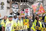 Stop ULEZ Coalition - a cross party campaign coalition formed to stop ULEZ outside The Royal Courts of Justice, London, UK.
