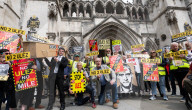 Stop ULEZ Coalition - a cross party campaign coalition formed to stop ULEZ outside The Royal Courts of Justice, London, UK.