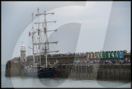 The Tall Ship Thalassa Arrives at Folkestone Harbour in Folkestone, UK.