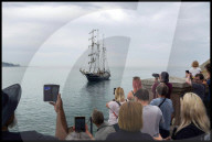 The Tall Ship Thalassa Arrives at Folkestone Harbour in Folkestone, UK.