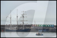 The Tall Ship Thalassa Arrives at Folkestone Harbour in Folkestone, UK.