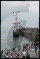 The Tall Ship Thalassa Arrives at Folkestone Harbour in Folkestone, UK.