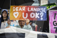 Renters protest against 'rampant profiteering' outside landlords' convention