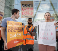 Striking junior Doctors on the BMA (British Medical Association) picket line outside University College Hospital, London, Great Britain 
11th August 2023.