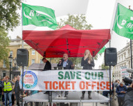RMT March & Rally Against Ticket Office Closures in London, UK.