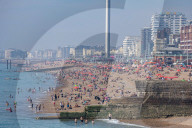 Sunbathers and swimmers on Brighton beach East Sussex, UK.