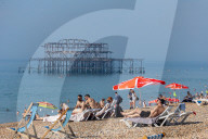Sunbathers and swimmers on Brighton beach East Sussex, UK.