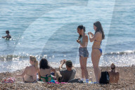 Sunbathers and swimmers on Brighton beach East Sussex, UK.