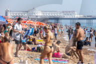 Sunbathers and swimmers on Brighton beach East Sussex, UK.