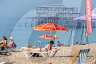 Sunbathers and swimmers on Brighton beach East Sussex, UK.