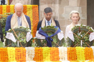 Prime Minister Rishi Sunak places a wreath at Raj Ghat