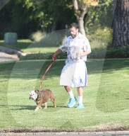 PREMIUM EXCLUSIVE Adam Sandler Takes His Bulldog For An Early Morning Walk Before Sunday's Football Games