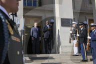 Defence Secretary Grant Shapps is greeted at The Pentagon