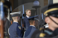 Defence Secretary Grant Shapps is greeted at The Pentagon