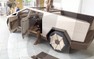 Wooden Tesla Cybertruck built as gift for Elon Musk