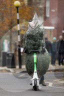 FEATURE - Mit zwei Meter hohem Weihnachtsbaum auf einem E-Scooter durch Hampstead