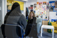 Rita Ora meets with young women who are service users at Solace Women's Aid venue.