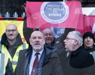 ASLEF picket line outside Waterloo rail station on the day of a national rail strike, London, UK.