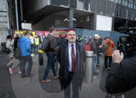 ASLEF picket line outside Waterloo rail station on the day of a national rail strike, London, UK.