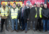ASLEF picket line outside Waterloo rail station on the day of a national rail strike, London, UK.