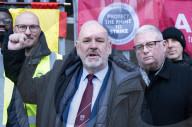 ASLEF picket line outside Waterloo rail station on the day of a national rail strike, London, UK.