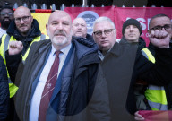 ASLEF picket line outside Waterloo rail station on the day of a national rail strike, London, UK.
