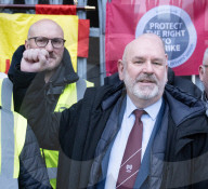 ASLEF picket line outside Waterloo rail station on the day of a national rail strike, London, UK.