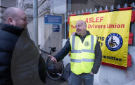ASLEF picket line outside Waterloo rail station on the day of a national rail strike, London, UK.