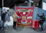 ASLEF picket line outside Waterloo rail station on the day of a national rail strike, London, UK.