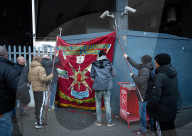 ASLEF picket line outside Waterloo rail station on the day of a national rail strike, London, UK.
