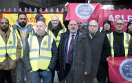 ASLEF picket line outside Waterloo rail station on the day of a national rail strike, London, UK.