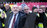 ASLEF picket line outside Waterloo rail station on the day of a national rail strike, London, UK.