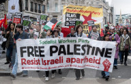 Pro Palestinian march and rally from the BBC Langham Place to Whitehall, London, UK. 