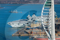 HMS Prince of Wales departs Portsmouth in Portsmouth, UK.