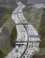 Good Friday getaway traffic in Addlestone, UK.
