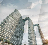 Luxury apartment towers linked by infinity pools
