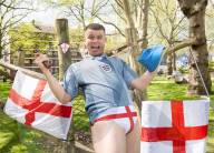 Press photocall for Why I Stuck A Flare Up My Arse For England. Written and performed by Alex Hill at Southwark Playhouse, London, UK.