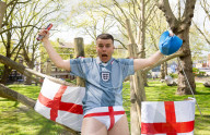 Press photocall for Why I Stuck A Flare Up My Arse For England. Written and performed by Alex Hill at Southwark Playhouse, London, UK.