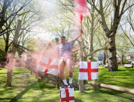 Press photocall for Why I Stuck A Flare Up My Arse For England. Written and performed by Alex Hill at Southwark Playhouse, London, UK.